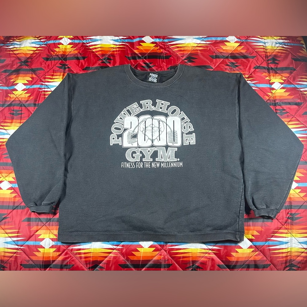 Vintage Powerhouse Gym Sweatshirt Adult Large Black USA Fitness Lifting Y2K
